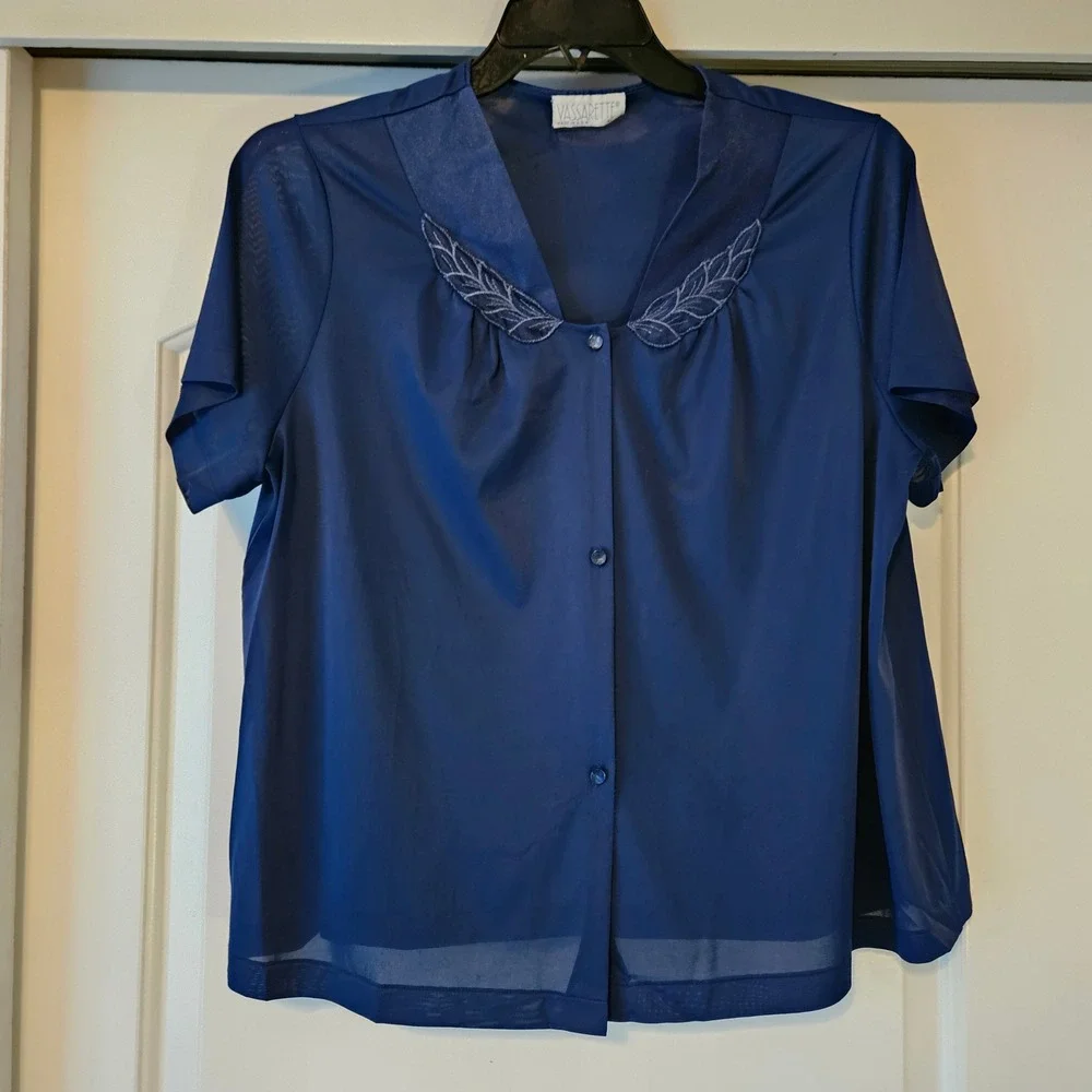 Vintage Vassarette Pajama Set Size XL Blue Short Sleeve Pants USA Embroidered - Picture 2 of 9